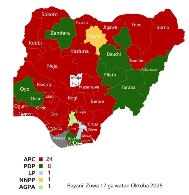 Taswirar Najeriya bisa la'akari da jam'iyyar siyasa da ke mulkin jiha