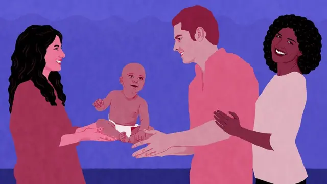 Ilustración de una mujer que le entrega su bebé a una pareja.