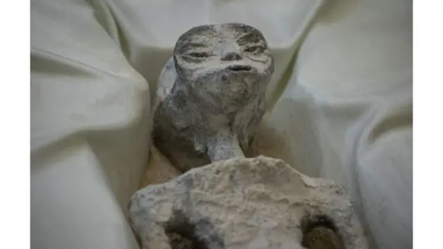 One of the two 'non-human' beings displayed to the media is seen during a press conference of Mexican journalist and UFO expert, Jaime Maussan, at the Camino Real hotel, in Mexico City, Mexico on September 13, 2023. The press conference was holding the day after the country's first public congressional hearing on the topic with UFO experts. The bodies displayed in cases, have three fingers on each hand they were recovered in Peru in 2017, they have no relation to human beings, experts said.