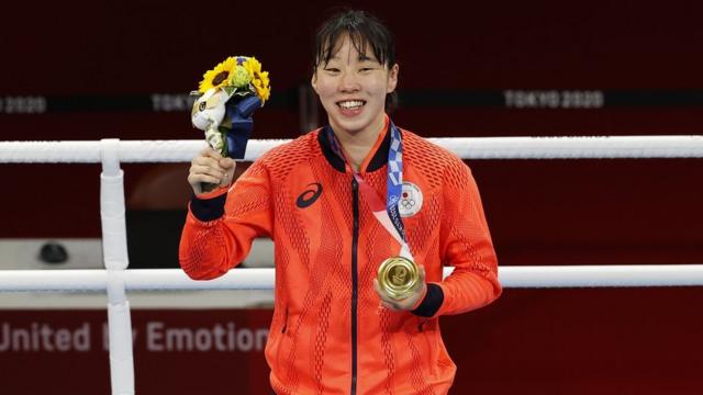 Sena Irie of Japan reacts after winning gold during the Women's Feather Final Bout Boxing events of the Tokyo 2020 Olympic Games at the Ryogoku Kokugikan Arena in Tokyo, Japan, 03 August 2021.21.