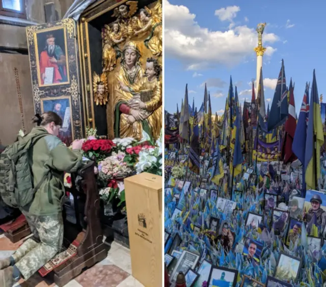 Một nữ quân nhân quỳ gối cầu nguyện trước ban thờ Đức Mẹ, và khu tưởng niệm liệt sĩ tại quảng trường trung tâm Kyiv.
