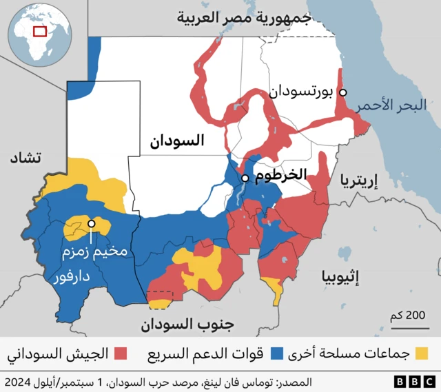 خريطة تظهر البلدان الحدودية للسودان ومواقع تمركز الجيش السوداني وقوات الدعم السريع.