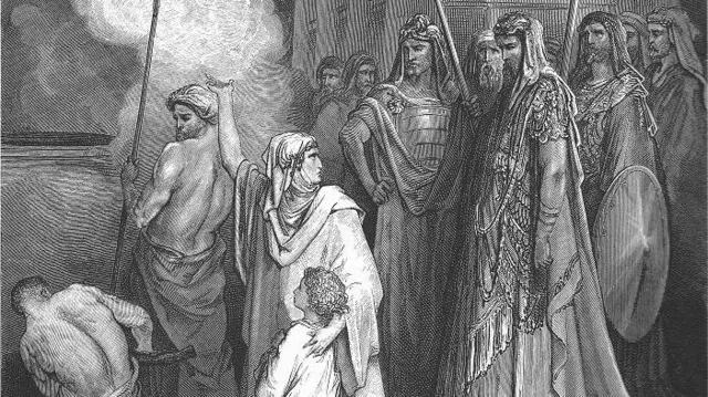 Gravura Coragem de Uma Mãe, feita em 1866, por Gustave Doré, representa mulher na Antiguidade