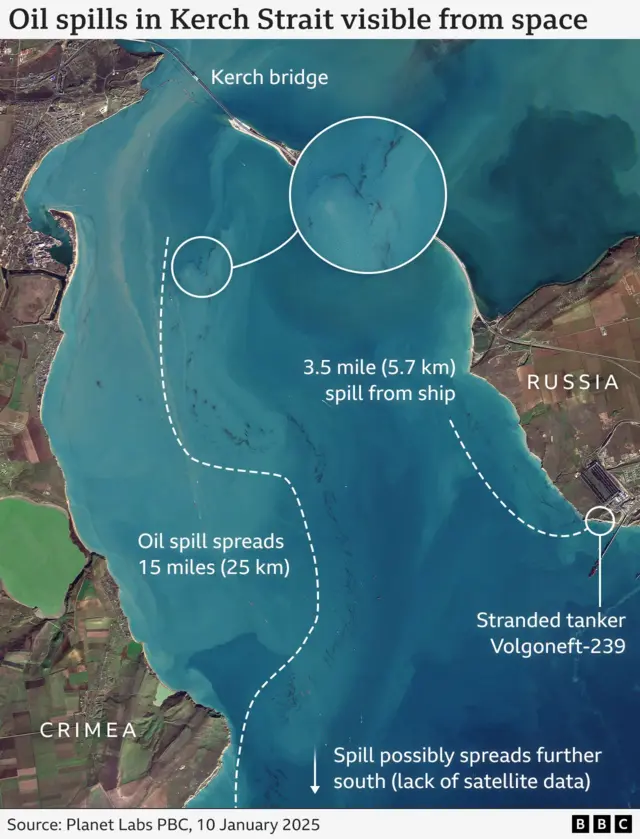 A BBC graphic titled Oil spills in Kerch Strait visible from space. Please put your translation of all words in here for people who are sight impaired.