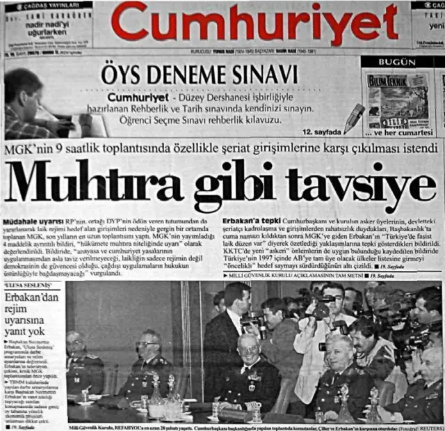 1 Mart 1997 tarihli Cumhuriyet gazetesinin manşeti: 'Muhtıra gibi tavsiye'