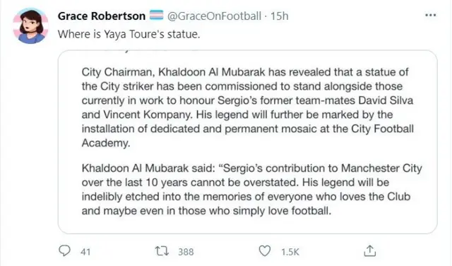 "Kun Aguero": Manchester City FC plan statue to honour Sergio Leonel Agüero del Castillo make fan ask 'what about Yaya Toure'