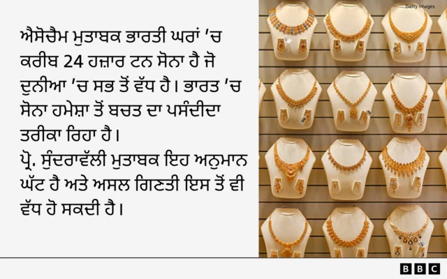 ਐਸੋਚੈਮ ਮੁਤਾਬਕ ਭਾਰਤੀ ਘਰਾਂ 'ਚ ਕਰੀਬ 24 ਹਜ਼ਾਰ ਟਨ ਸੋਨਾ ਹੈ ਜੋ ਦੁਨੀਆ 'ਚ ਸਭ ਤੋਂ ਵੱਧ ਹੈ