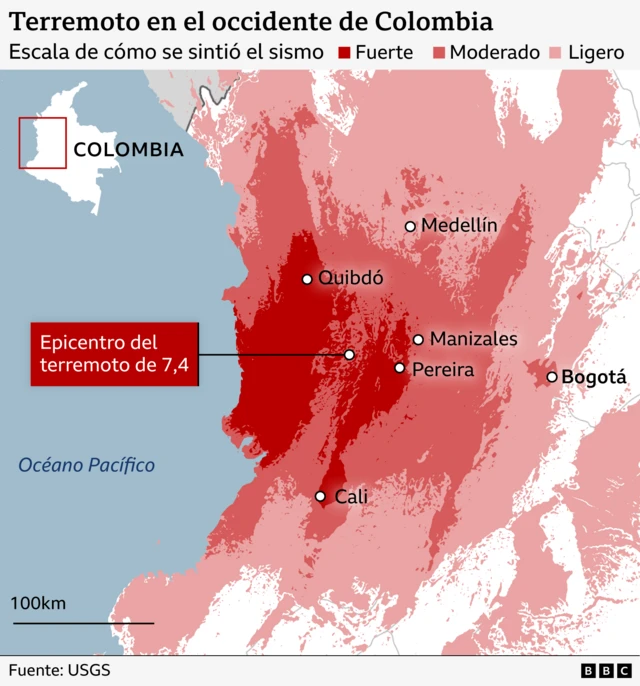 Mapa de intensidad del terremoto.