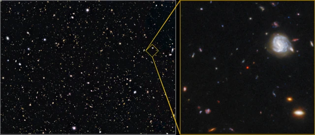 ตำแหน่งที่อยู่ของเควซาร์ GNz7q (จุดสีแดงตรงกลางภาพขยายด้านขวามือ)