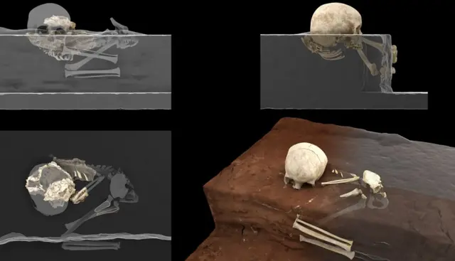 Reconstrucción virtual de los restos homínidos descubiertos en la cueva Panga ya Saidi y la reconstrucción de la posición original de los restos del menor como fue descubierto. (Derechos reservados de Jorge González/Elena Santos)