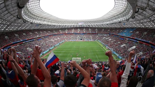 Russia celebrate their first goal of the World Cup