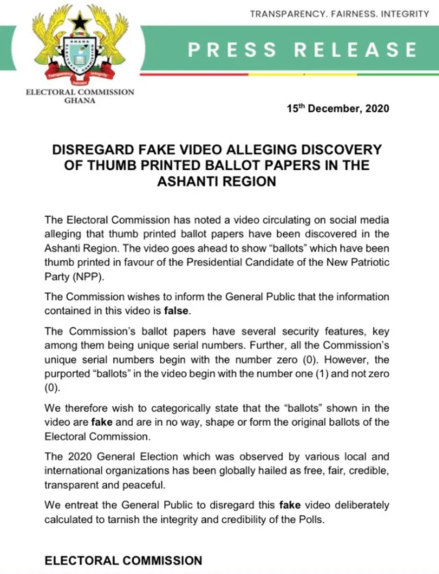 Ghana Election results: Ghana Electoral Commission say video of Ashanti Region thumb print of ballots