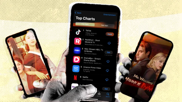 Três mãos, cada uma segurando um smartphone. Os celulares à esquerda e à direita mostram imagens promocionais de microdramas, apresentando um homem e uma mulher. O telefone no centro mostra sete dos aplicativos de entretenimento mais baixados da App Store.