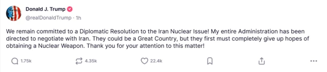 منشور ترامب على منصته "تروث سوشال" بشأن التزامه التوصل إلى حل دبلوماسي للقضية النووية الإيرانية