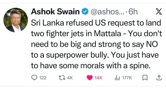 ස්වීඩනයේ උප්සලා විශ්වවිද්‍යාලයේ සාමය සහ ගැටුම් පර්යේෂණ දෙපාර්තමේන්තුවේ සාමය සහ ගැටුම් පර්යේෂණ පිළිබඳ මහාචාර්යවරයෙකු වන අශෝක් ස්වේන් ද සිය X ගිණුමේ සටහනක් තබා තිබිණි.