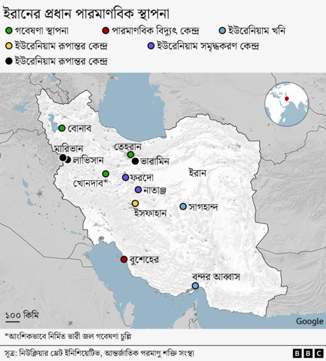 ইরানের প্রধান পারমাণবিক স্থাপনার মানচিত্র