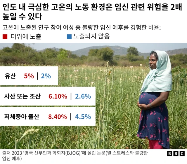 열에 노출됐을 때와 되지 않았을 때 불량한 임신 예후 차이