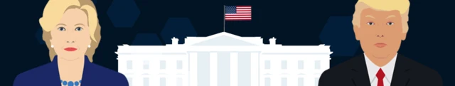 Graphic showing Hillary Clinton and Donald Trump with the White House in the background