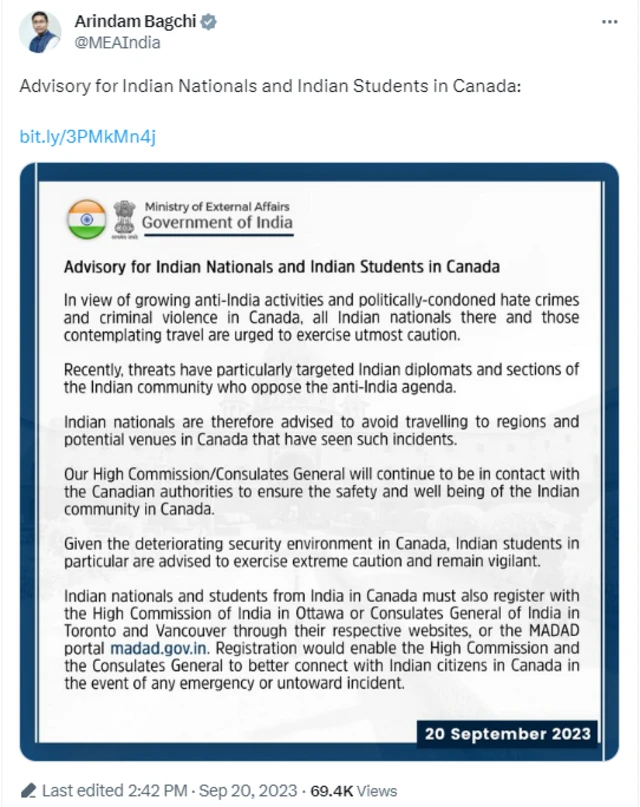 கனடா வாழ் இந்தியர்களுக்கு மத்திய அரசு எச்சரிக்கை