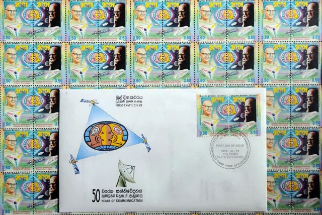 A first day cover of a Sri Lankan postage stamp bearing British-born science fiction author Arthur C. Clarke's portrait to mark 50 years of communications in Sri Lanka stands at his residence in Colombo on March 19, 2008. 