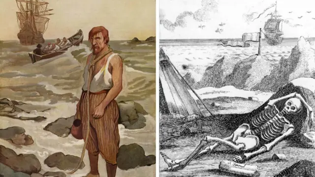 Watercoulour illustration depicting Leendert Hasenbosch, by GD Hoogendoorn and engraving of the sailor's skeleton from an edition of The Just Vengeance of Heaven Exemplify'd 