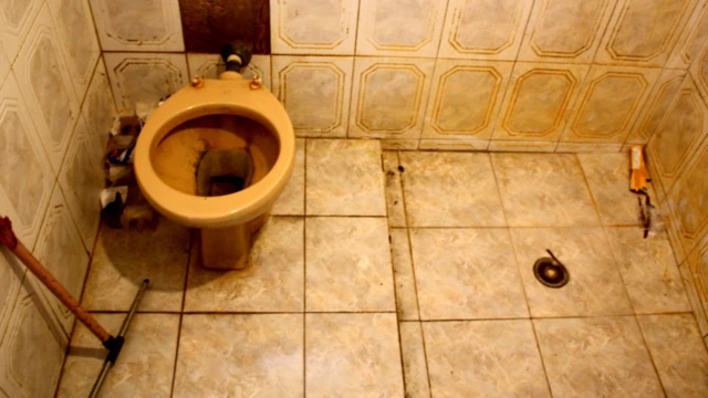 Banheiro com algumas partes da parede sem azulejo, enquanto outras têm azulejo manchado; privada sem tampa e suja