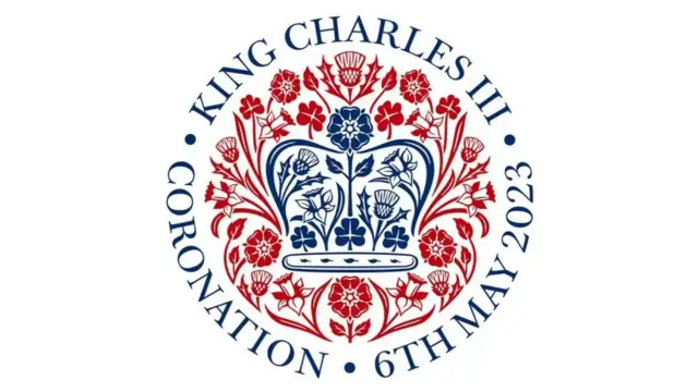 The official coronation logo features emblems from the UK nations: a rose, a thistle, a daffodil and a shamrock