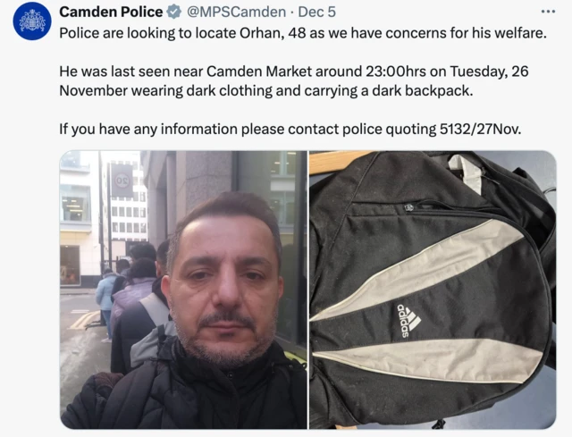 Camden Polisi'nin 5 Aralık günü yaptığı paylaşım.