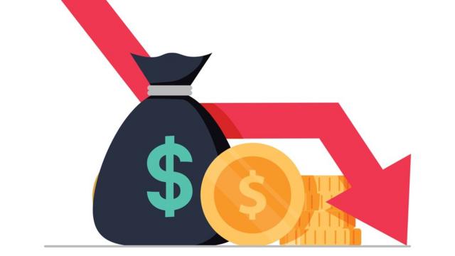 Ilustração mostra moedas, sacoroletas de apostasdinheiro e setaroletas de apostastrajetória descendente