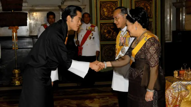 Their Majesties welcome HRH Crown Prince Jigme Khesar Namgyel Wangchuck of Bhutan. For the Sixtieth Anniversary Celebrations of His Majesty's Accession to the Throne, a banquet is hosted for Royal guests at Borommaratchasathit Maholan Throne Hall, the extended part of Chakri Maha Prasat Throne Hall. (Photo by Eric-Paul-Pierre PASQUIER/Gamma-Rapho via Getty Images)