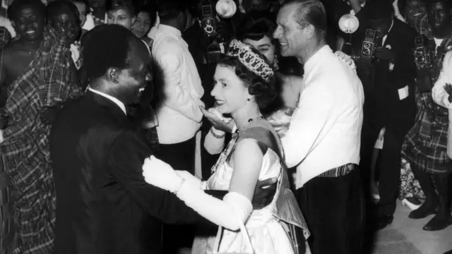 Queen Elizabeth dancing with Ghanaian president Kwame Nkrumah in 1961, four years after the country gained independence