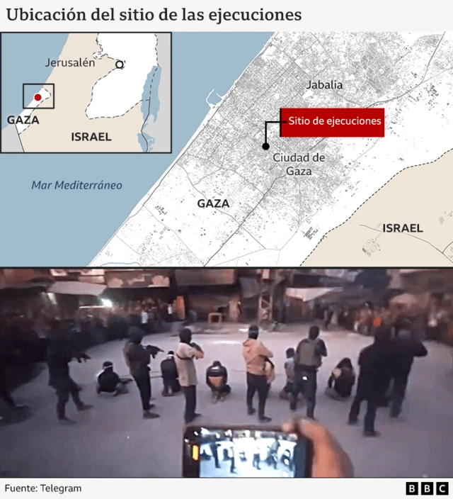 La imagen superior muestra un mapa de Gaza con la ubicación de las ejecuciones marcada. La imagen inferior muestra a combatientes de Hamás preparándose para ejecutar a un grupo de hombres en la ciudad de Gaza. Los combatientes llevan mascarillas y portan rifles automáticos.