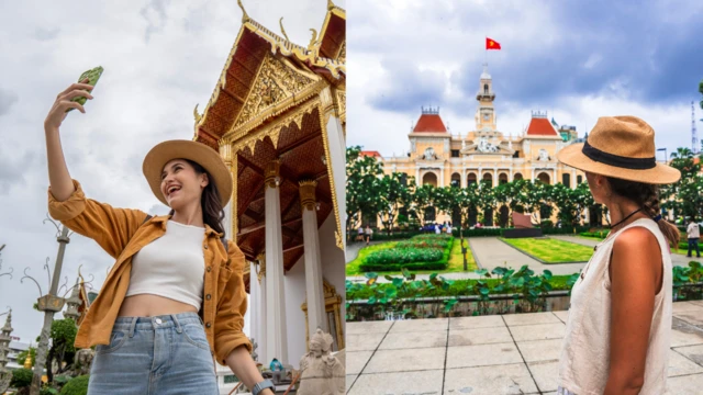 Khách du lịch chụp hình lưu niệm tại Bangkok, Thái Lan (trái) và TP HCM, Việt Nam
