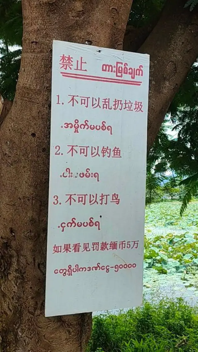 သိန္နီမြို့ထဲမှာ တရုတ်ဘာသာနဲ့ မြန်မာဘာသာ ၂ မျိုးနဲ့ ရေးသားထားတဲ့ တားမြစ်စာဆိုင်းဘုတ်တစ်ခု