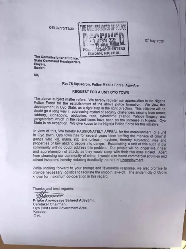 Lẹta ti Alaafin Ọyọ kọ nipa agbekalẹ ọwọ ileeṣẹ ọlọpaa kogberegbe si ilu Ọyọ