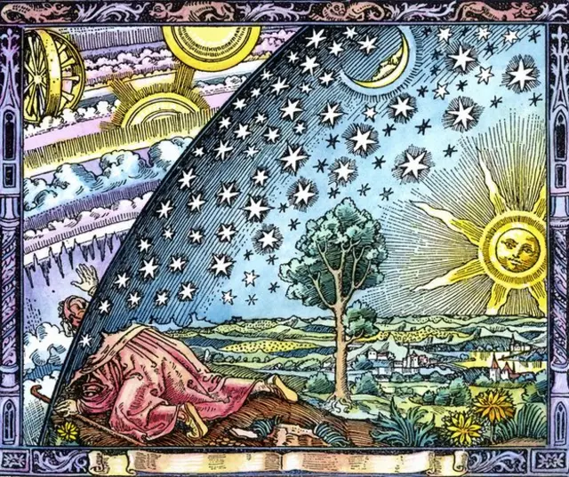 De "La Atmósfera" de Camille Flammarion, publicado en 1873, muestra a un peregrino observando la mecánica celestial.