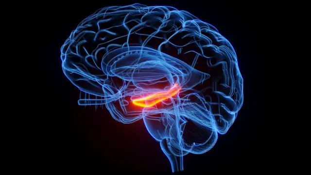 د دماغ انځور په نیلي رنګ کې، چې دننه یې یو اوږد جوړښت دی، چې په نارنجي رنګ کې روښانه شوی دی. 