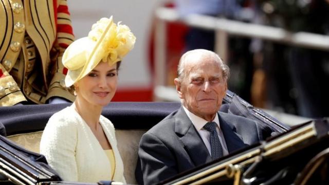 Prince Philip rides in a carriage with Spain's Queen Letizia, in 2017