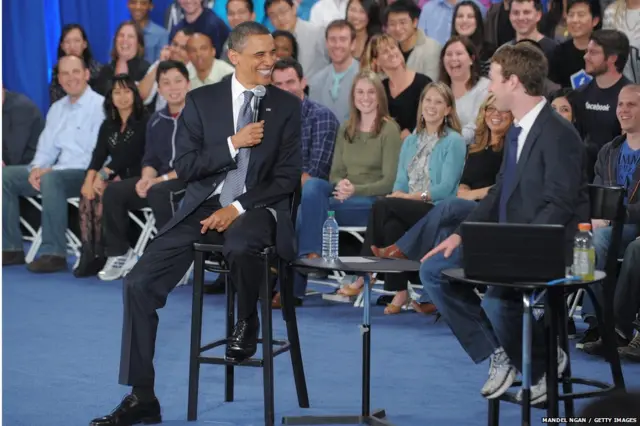 2011 साली फेसबुकच्या एका टाऊन हॉलमध्ये मार्क झुकरबर्गसोबत अमेरिकेचे तत्कालीन राष्ट्राध्यक्ष बराक ओबामा
