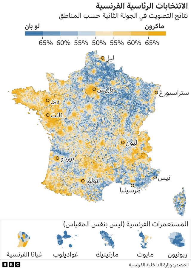 خارطة تبين توزع الأصوات في الانتخابات الفرنسية