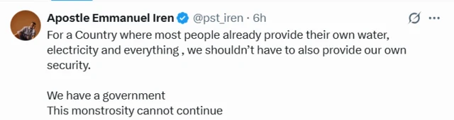 Screengrab of a tweet from Apostle Emmanuel Iren