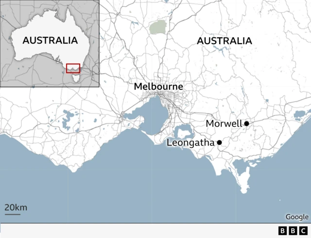 Mapa Australii wskazująca Morwell, Leongatha oraz Melbourne.
