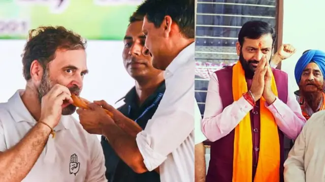 ஹரியாணாவில் நடந்த பொதுக்கூட்டத்தில் ராகுல் காந்தி ஜிலேபி சாப்பிட்டார்.
