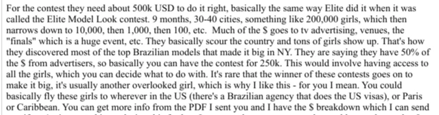 Trecho de e-mail cita ideia de se criar um concurso de beleza no Brasil, com milhares de modelos que ficariam à disposição de Epstein