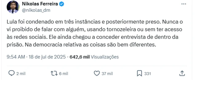 Captura de tela de postagem de Nikolas Ferreira no X