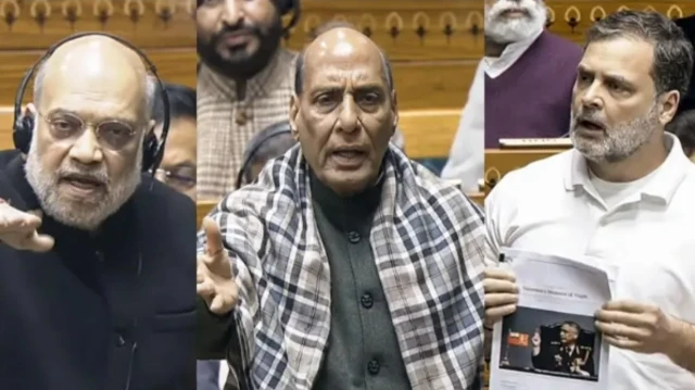 دائیں سے بائیں: راہل گاندھی، راج ناتھ سنگھ، امت شاہ