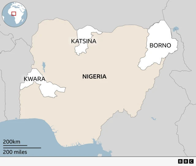 Taswirar Najeriya da ke nuna jihohin Katsina a arewa ta tsakiya, da Borno da arewa maso gabashi da kuma jihar Kwara da ke yammaci.
