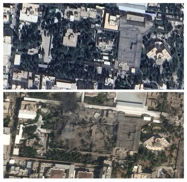 صورة مركبة من صور الأقمار الصناعية تُظهر الوضع قبل وبعد الغارات الجوية على مجمع آية الله علي خامنئي في طهران، إيران.