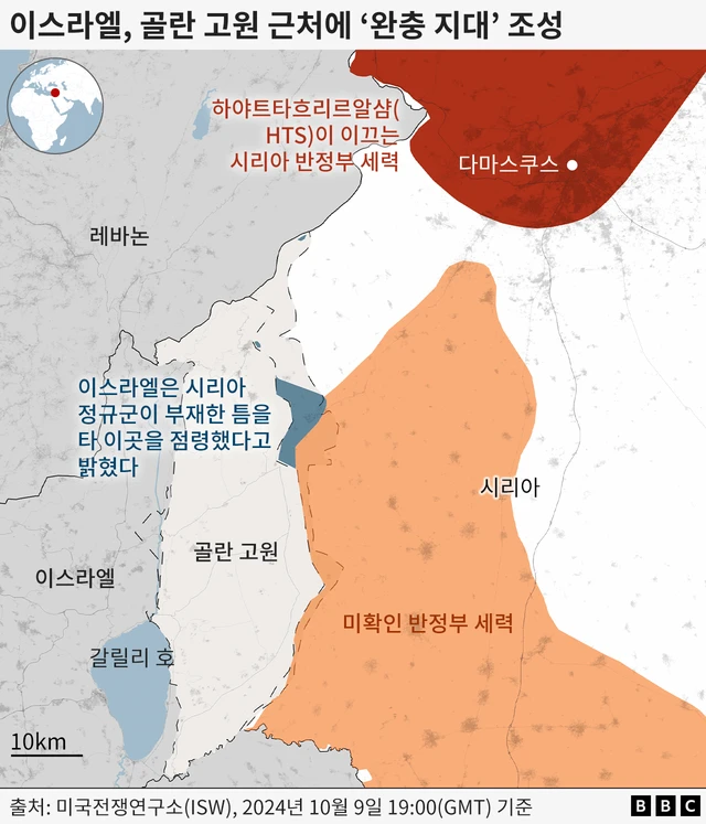 시리아 반정부 세력의 위치와 이스라엘이 최근 점령한 골란고원 위치를 표시한 지도