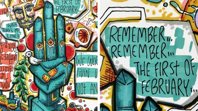 ภาพวาดชูสามนิ้ว มีตาบนนิ้วและกำลังร้องไห้